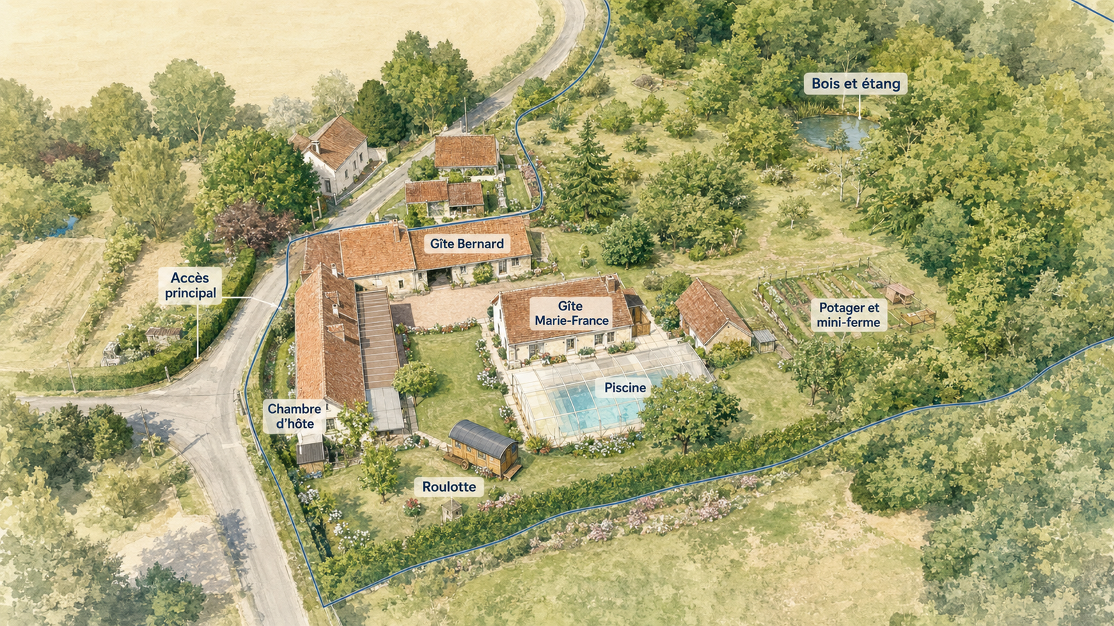 Plan illustré du domaine de la Fontaine Morin avec les gîtes, la piscine, la roulotte, le bois et l'étang